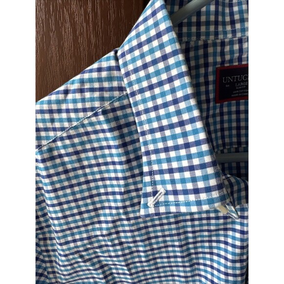 Untuckit Shirt Mens Large Navy Blue Teal Check Short Sleeve Slim Fit Manzanilla - Picture 5 of 9